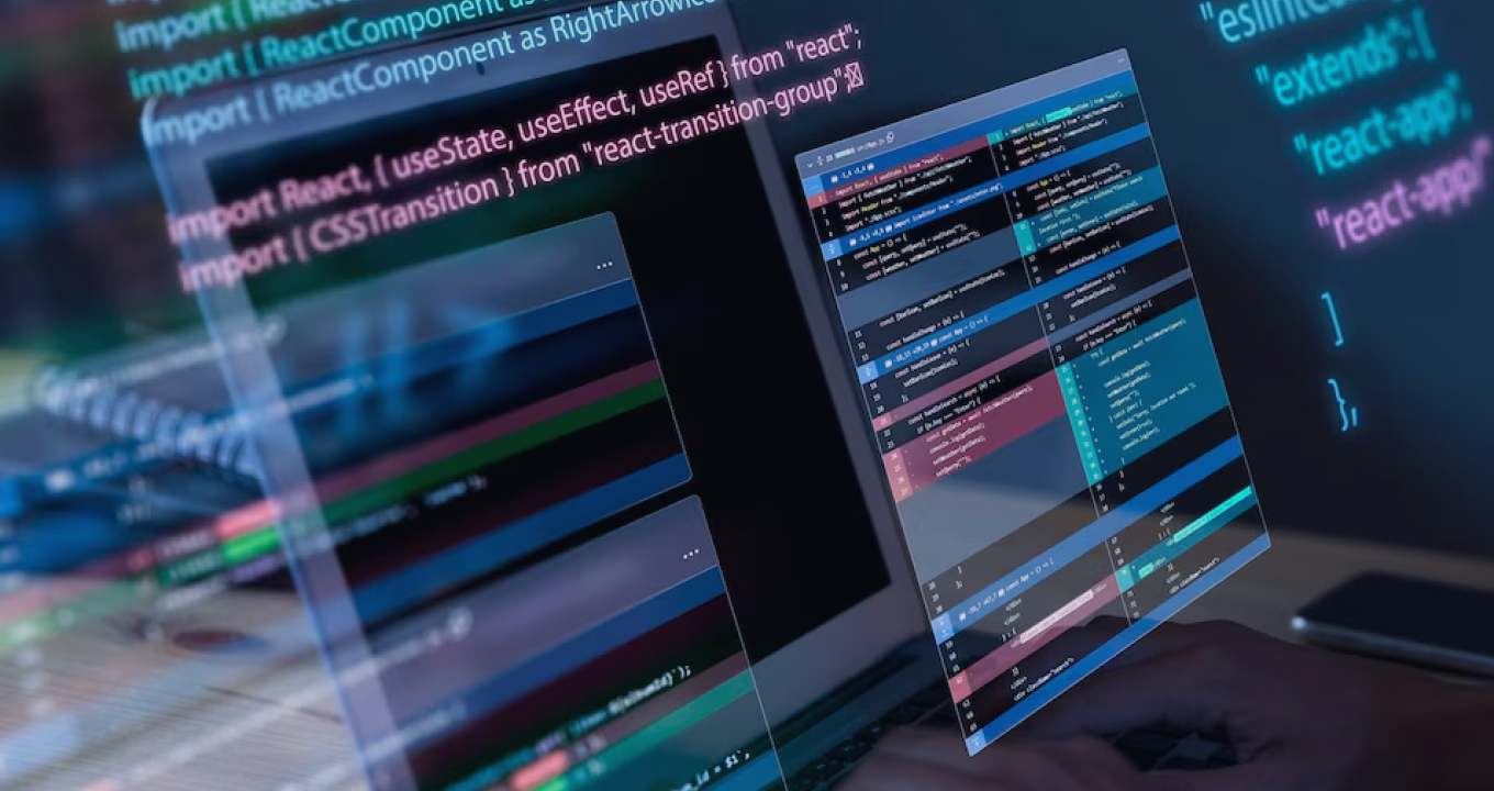 Software engineer conducting a React code merge, viewing side-by-side diffs on a laptop screen